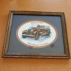 Fire Truck Art Watercolor by Sandy Lord, Framed Print Firefighters Save Hearts